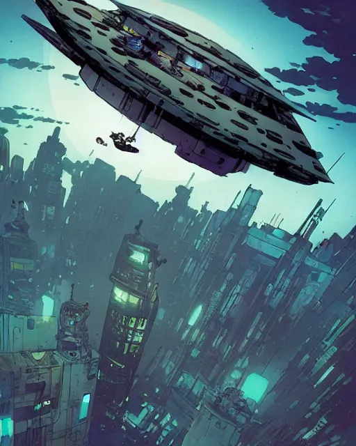 Prompt: a large whimsical spaceship floating above a cyberpunk city, by Mike Mignola, Robbie Trevino, ellen jewett, Yoji Shinkawa