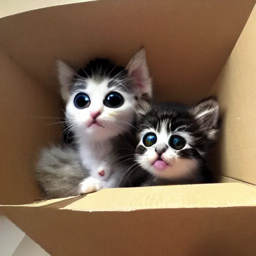 Image similar to cute fuzzy kittens in a cardboard box starting up at you with huge eyes, adorable, pixar