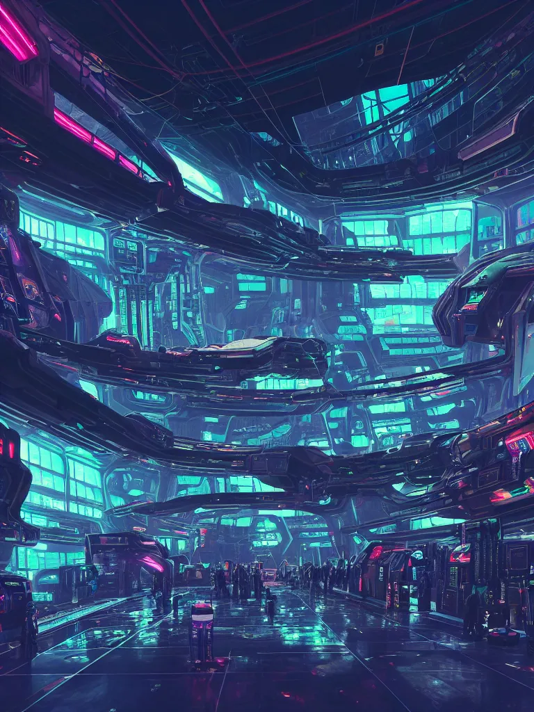 Image similar to the interior of a celestial spaceship cyberpunk hangar in a bioluminescent walls decorated beautifully, lots of cyberpunk design elements like humanoids and mecha robots, warm sunlight shining in, lots of cables and neon signs, concept art 8 k resolution, fantasy illustration, sharp focus, detailed painting, deep color, volumetric lighting, crepuscular rays