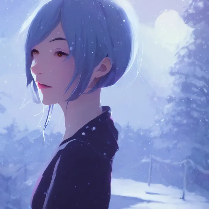 Image similar to portrait of a beautiful girl, snow landscape background, ambient lighting, dynamic lighting, 4 k, hq, official media, anime key visual, makoto shinkai, ilya kuvshinov, lois van baarle, rossdraws, detailed, trending on artstation