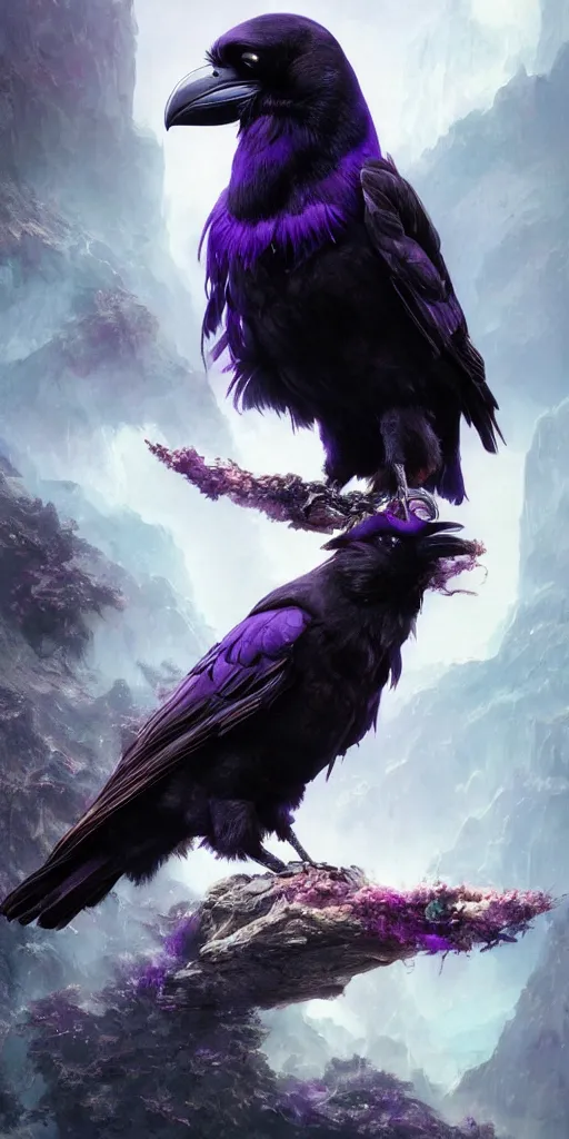 Image similar to portrait of a beautiful raven perched on purple crystals that are glowing in a misty valley, establishing shot, extremly high detail, foto realistic, cinematic lighting, by yoshitaka amano, ruan jia, kentaro miura, artgerm, post processed, concept art, artstation, raphael lacoste, alex ross