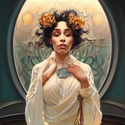 Image similar to beautiful detailed picture of doja cat, radiant light, art nouveau, intricate, elegant, highly detailed, my rendition, digital painting, artstation, concept art, smooth, sharp focus, illustration, art by artgerm and greg rutkowski and alphonse mucha