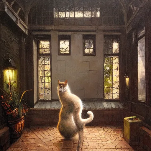 Image similar to detailed face of an intelligent scholarly cat with kind eyes in a architectonic victorian courtyard at a science expo, atmospheric, ambient, pj crook, syd mead, livia prima, artgerm, greg rutkowski, nick alm, casey baugh