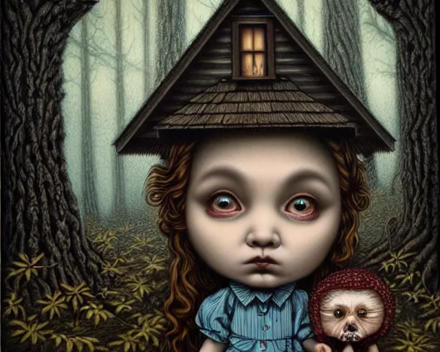 Prompt: intricate detailed portrait of a character in front of a cabin in a dark mysterious forest by mark ryden