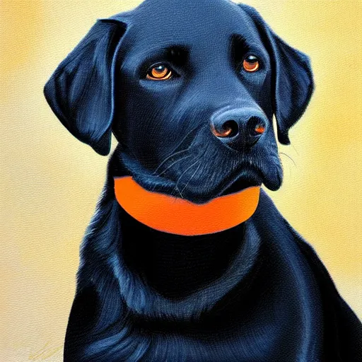 Prompt: portrait style oil painting of a black Labrador retriever with an orange collar, high quality, professional