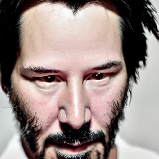 Prompt: a masterpiece portrait photo of an older keanu reeves who looks like a manic pixie dream girl mary elizabeth winstead symmetrical face