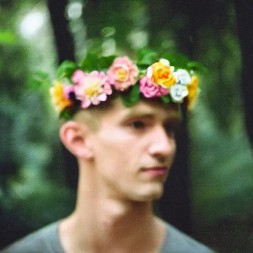 Prompt: close up kodak portra 4 0 0 photograph of a skinny guy with short blonde hair standing in a dark exotic jungle, back view, flower crown, moody lighting, telephoto, 9 0 s vibe, blurry background, vaporwave colors, faded!,