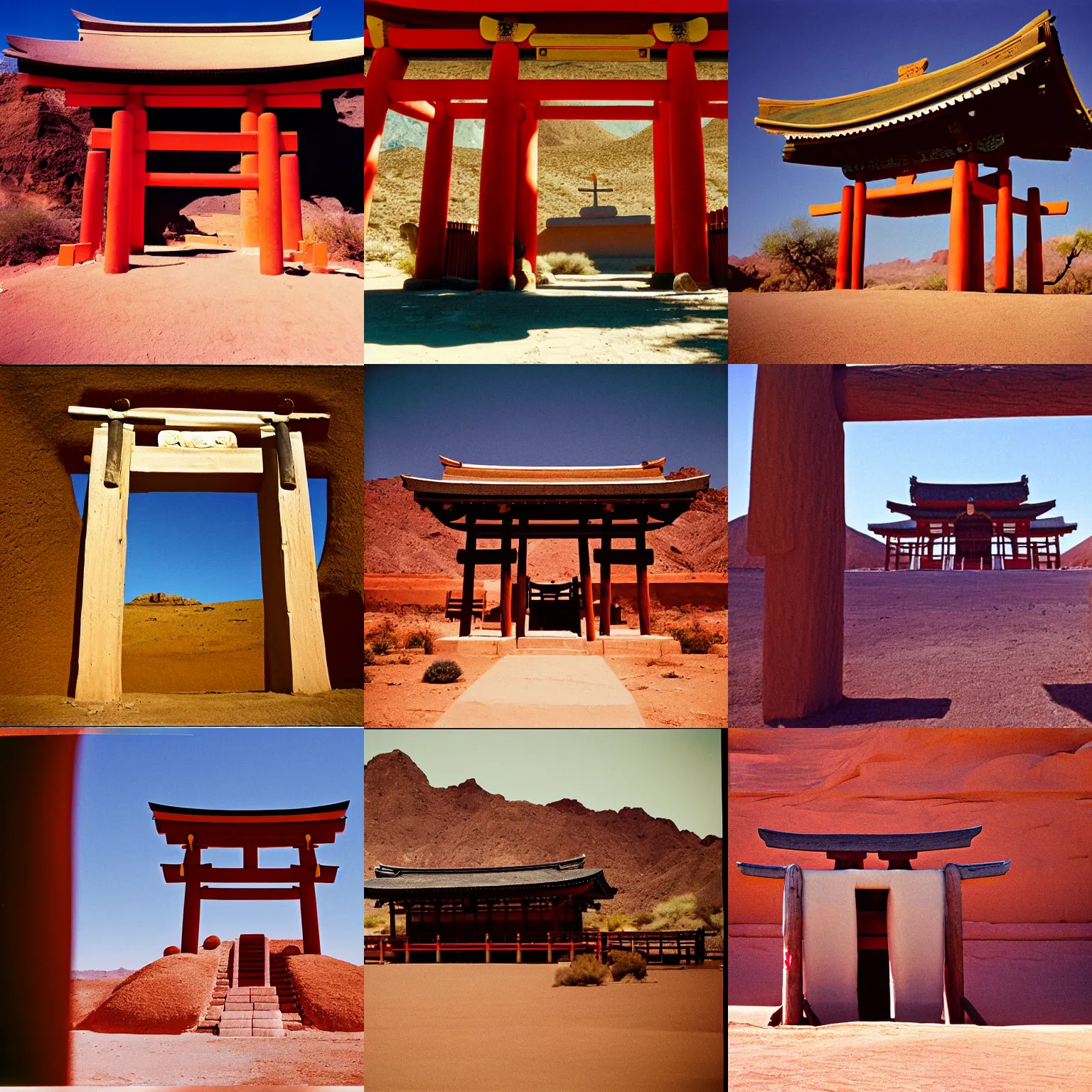 Prompt: a very large shinto shrine made of adobe clay in the desert southwest, late morning, kodak gold 200, 200mm lens, film grain, perspective correction, color bleed, dramatic heat wave distortion