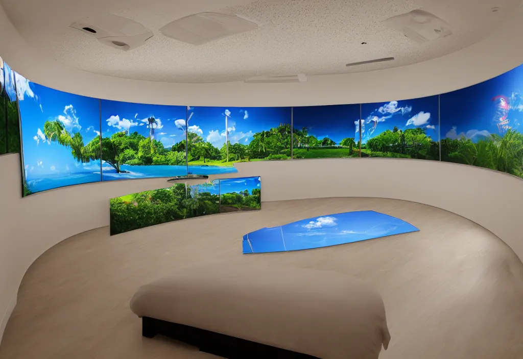 Image similar to curved transparent 3 dvideoscreens with florida weathermap extrusion, volumetric lighting, bedroom, visor, users, pair of keycards on table, bokeh, creterion collection, shot on 7 0 mm, instax