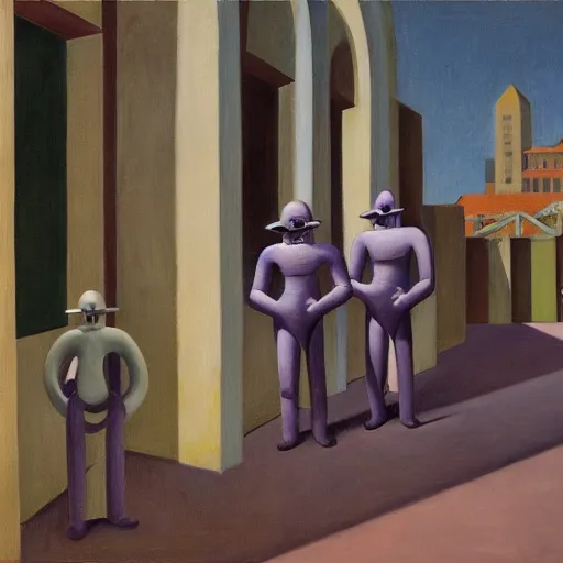 Prompt: drab workers wearing masks walking along cloisters, vault, rotunda, brutalist courtyard, watched by robots, dystopian, pj crook, edward hopper, oil on canvas