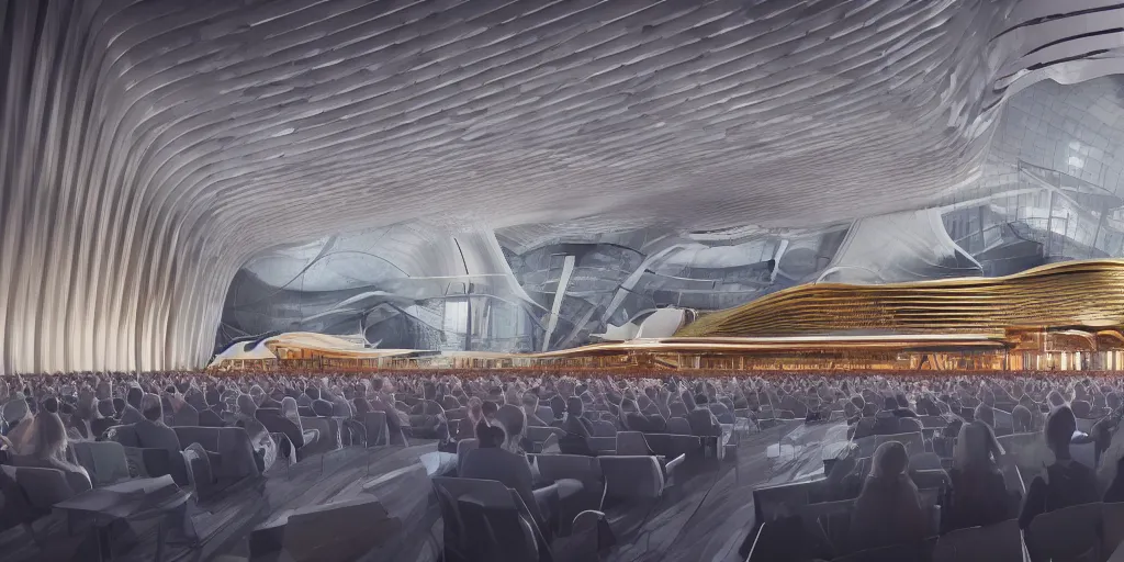 Prompt: interior space of a concert hall venue with a symphony orchesta playing on the stage, realistic, low saturated, zaha hadid and frank gehry inspired, octane 8 k