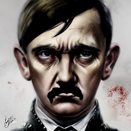 Image similar to adolf hitler satanic spawn of hatred and destruction, colourised, face portrait, epic, military art, fantasy, dieselpunk, hd shot, digital portrait, beautiful, artstation, comic style, by artgerm, guy denning, jakub rozalski, magali villeneuve and charlie bowater