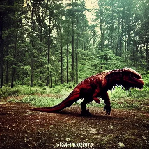 Image similar to “a Tyrannosaurus rex walking through a prehistoric forest”