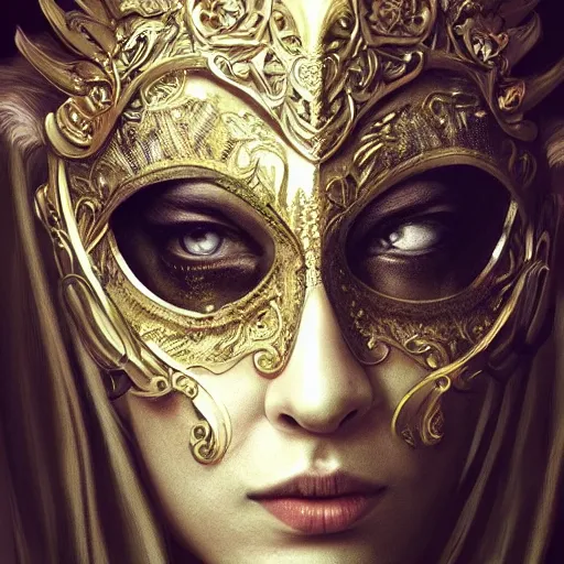Image similar to Very very very very highly detailed epic photo of face with venetian mask, intricate, dystopian, sci-fi, extremely detailed, digital painting, artstation, concept art, smooth, sharp focus, illustration, intimidating lighting, incredible art by Artgerm