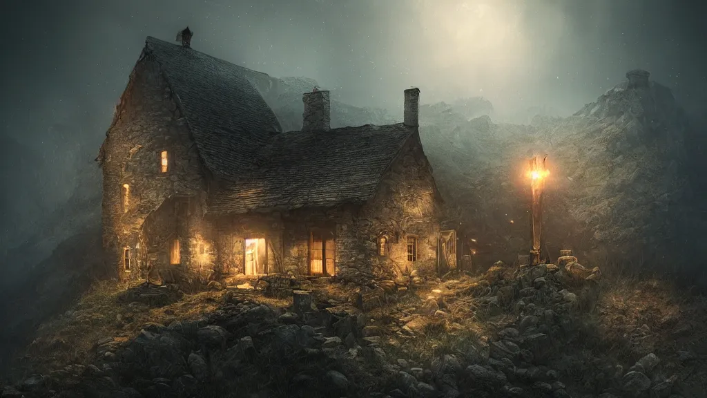 A dark decrepit cottage on a mountaintop at night, lit | Stable ...