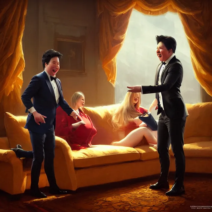 Image similar to portrait of michael mcintyre leaving on a sofa with a singing waitress, elegant, real life skin, intricate artwork, high detailed, artstation, concept art, smooth, sharpz focus, art by artgerm and greg rutkowski