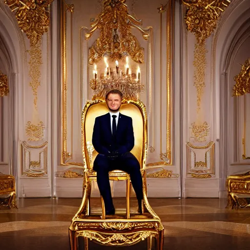 Image similar to emmanuel macron is sitting on the golden loo, detailed photography, 5 0 mm lens,