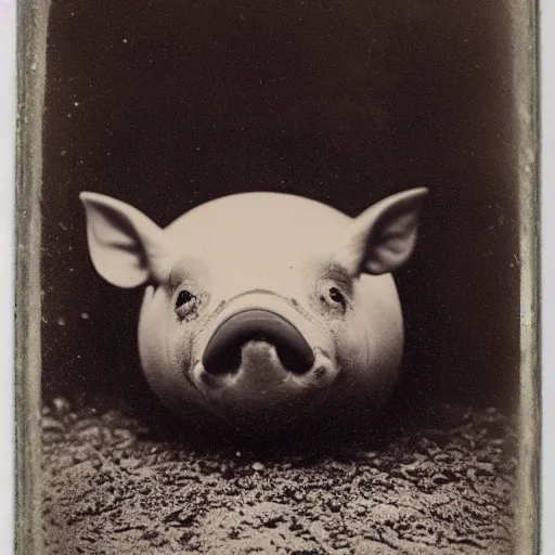 Image similar to tintype photo, swimming deep underwater, alien pig