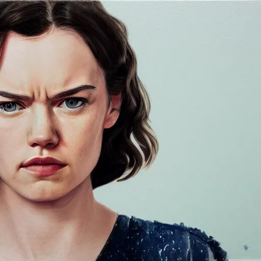 Prompt: frowning daisy ridley, head and shoulders portrait, extremely detailed masterpiece, one single continues line.