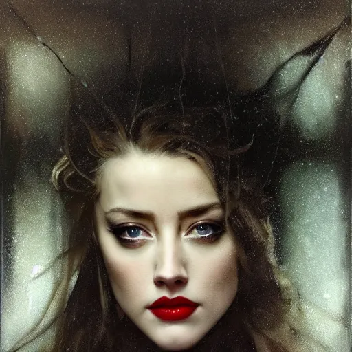 Prompt: hyperrealistic portrait of a woman as amber heard as a vampire witch tears makeup dramatic in a black flower coat reflection in a stone mirror greasy canvas. by jeremy mann and alphonse mucha, fantasy art, photo realistic, dynamic lighting, artstation, poster, volumetric lighting, very detailed faces, 4 k, award winning
