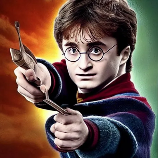Prompt: harry potter but he has a handgun instead of a wand