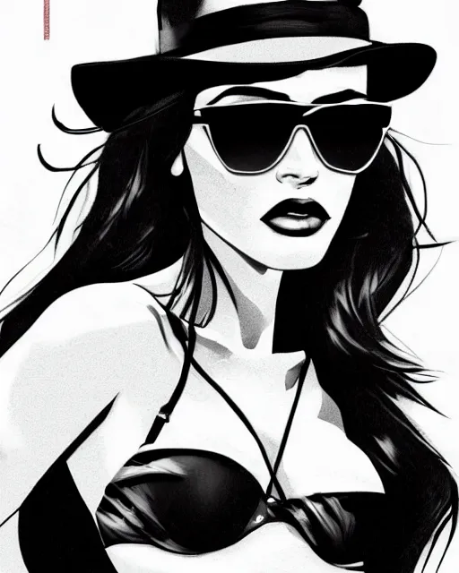 Prompt: closeup portrait of film noir angry megan fox in a bikini wearing a hat and sunglasses, china town, glamour pose, detailed illustration, digital art, trending on artstation, frank miller, arney freytag, dan mumford, patrick nagel, graffiti, gta v,