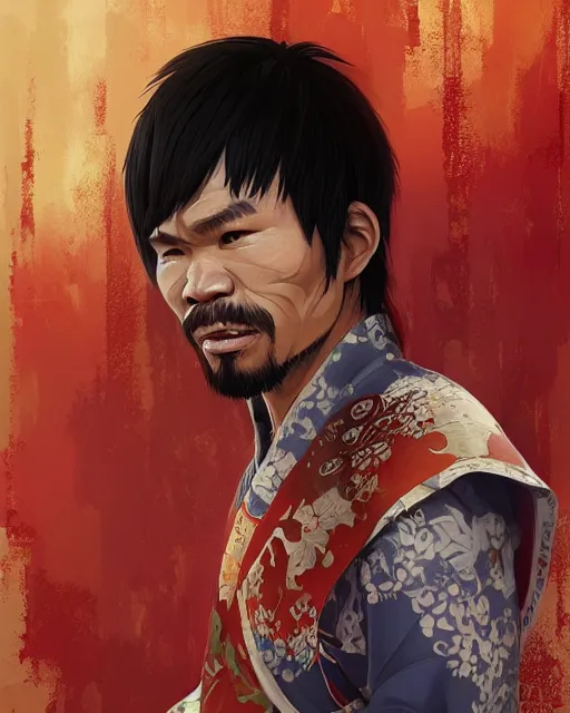 Prompt: an anime portrait of manny pacquiao as a beautiful man wearing a kimono from skyrim, by stanley artgerm lau, wlop, rossdraws, james jean, andrei riabovitchev, marc simonetti, and sakimichan, trending on artstation