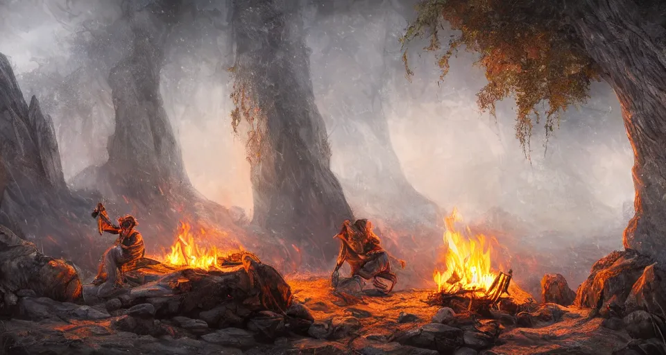 Image similar to an epic fantasy adventurer's tent left alone with a dying fire, 4 k, extremely detailed. award winning, trending on artstation, 8 k, ultra wide angle