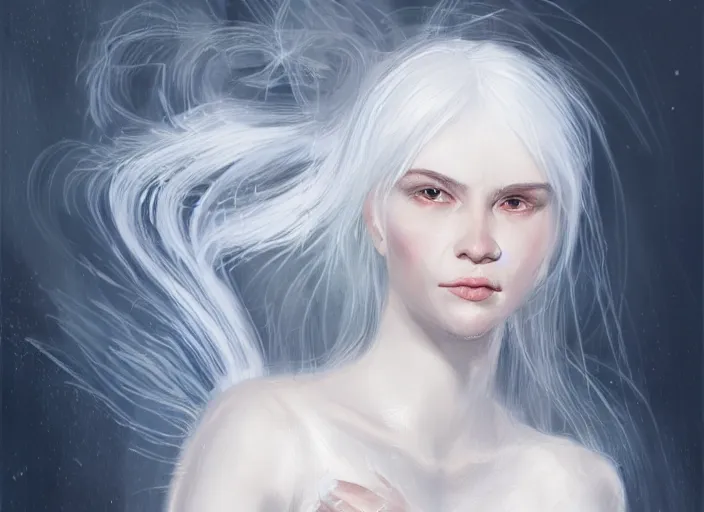 Prompt: girl with silk glowing white hair with glowing white stings coming out of her hands, concept art trending on artstation oilpaint portrait character design