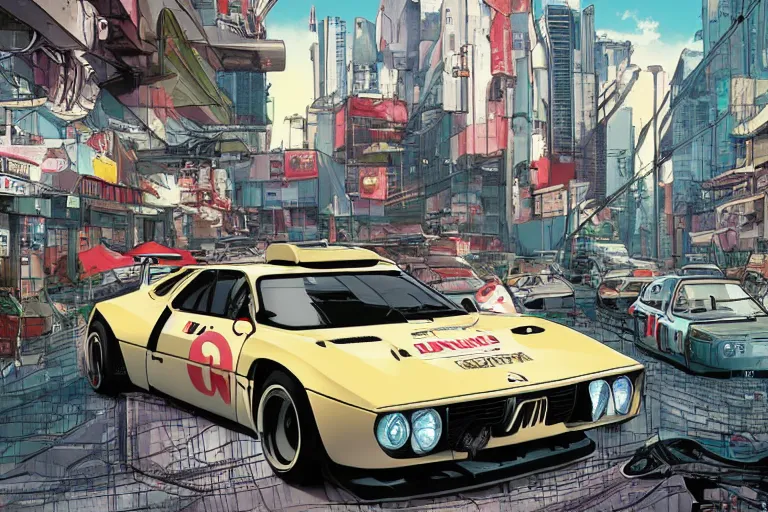 Image similar to 1975 Citroen DM BMW M1 Stratos, city in anime cyberpunk style by Hayao Miyazaki