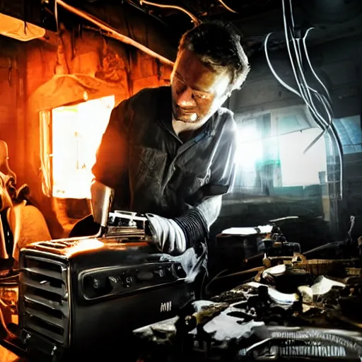 Image similar to technician repairing head of toaster oven mecha, dark messy smoke - filled cluttered workshop, dark, dramatic lighting, orange tint, cinematic, highly detailed, sci - fi, futuristic, movie still