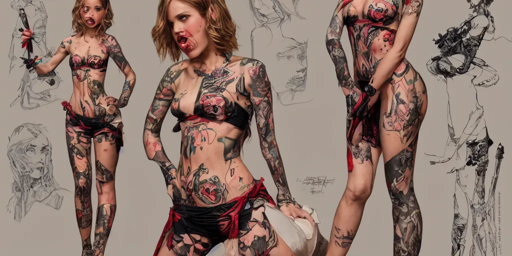 Image similar to halston sage as a tattooed pinup, character sheet, concept design, contrast, hot toys, kim jung gi, greg rutkowski, zabrocki, karlkka, jayison devadas, trending on artstation, 8 k, ultra wide angle, pincushion lens effect