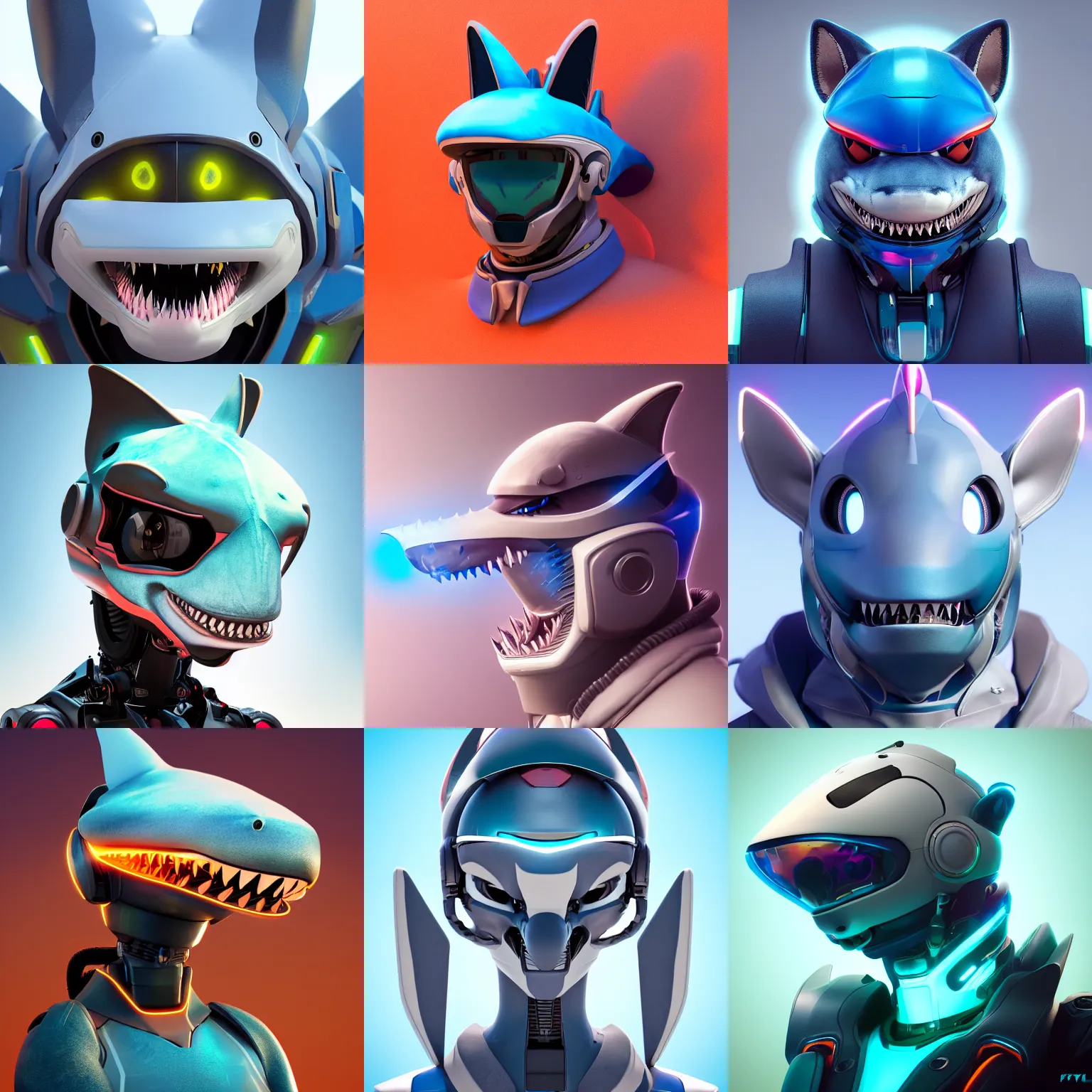 Prompt: very very beautiful furry art, bust profile picture of a robotic anthro shark, visor screen for face, snout under visor, commission on furaffinity, cgsociety, octane render, vibrant colors