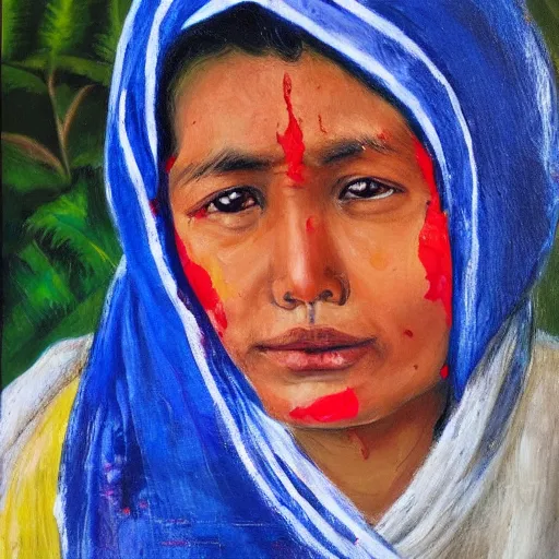 Image similar to a nepali woman wearing a white shawl, sad, bloody, tears, oil painting