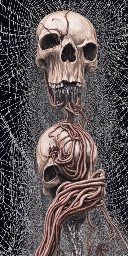 Image similar to a photorealistic giant skull wrapped in intestines, swarming with insects, in a giant spiderweb, ominous stormclouds, heavy rain and lightning, guro art, body horror, art by Shintaro Kago, 4K, cinematic, surreal LUT, epic lighting, photography, UHD, HDR