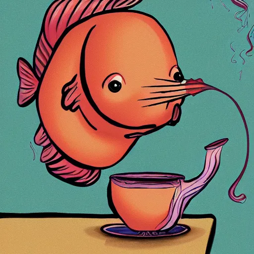 Prompt: a digital painting of a magical fish drinking a cup of tea