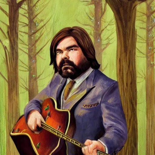 Prompt: Matt berry in a medeival fairy forest painting as a bard woodsman