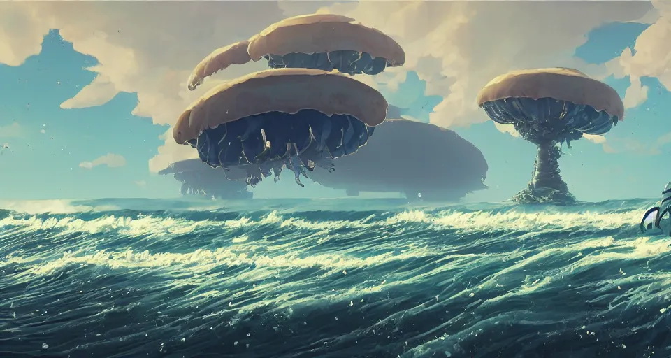 Prompt: A very beautiful serene coastal landscape scene with a GIANT MECHA JELLYFISH looming in the distance, bright sunny the great waves of kanagawa splashing on the beach, Translucent rendered by simon stålenhag, rendered by Beeple, Makoto Shinkai, syd meade, environment concept, digital art, starwars, unreal engine, 3 point perspective, WLOP, trending on artstation, low level, 4K UHD image, octane render,