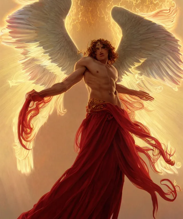 Prompt: symmetrical fullbody portrait of a beautiful young fit male angel with curly blond hairs, full dressed in long fluent red clothes, majestic big demon wings, luminous fire halo, by greg rutkowski and alphonse mucha, gradient white to gold, in front of an hellish background, highly detailed portrait, digital painting, artstation, concept art, smooth, sharp focus illustration