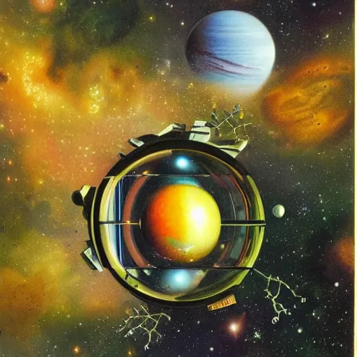 Prompt: Lush space station colony with glass spheres and wonderful plants, floating in a nebula, Bruce Pennington