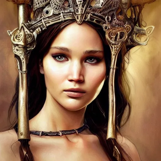 Image similar to an attractive young female with metal rings!!!! on her nose wearing an bone crown, jennifer lawrence, olive skin, long dark hair, beautiful bone structure, intricate, elegant, highly detailed, digital painting, artstation, concept art, smooth, sharp focus, illustration, art by artgerm and greg rutkowski and alphonse mucha