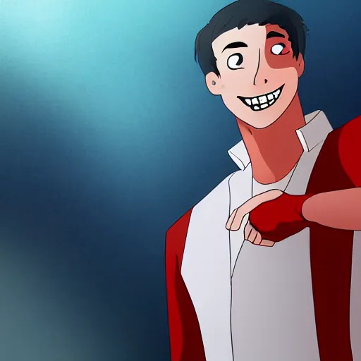 Prompt: a male cartoon teen in red with blood and an evil grin with injuries wearing white shirt on a burning background and short hair