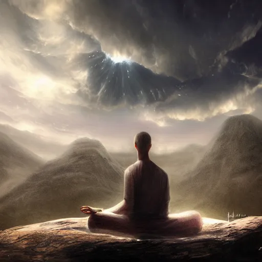 Prompt: concept art trending on art station detailed matte painting of a mysterious mystical being meditation in the sky, dramatic, 8k, digital art, aesthetic