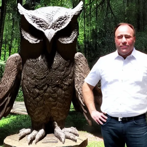 Prompt: alex jones at the bohemian grove. giant owl statue.