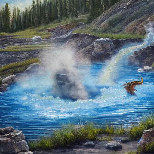 Prompt: dragon emerging from a hotspring at yellowstone national park, highly detailed oil painting
