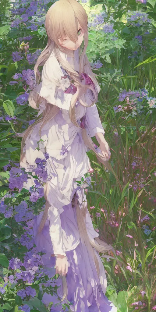 Prompt: a digital art of a loli with long hair in a dress in the privet garden at after noon, green and warm theme, mediumslateblue flowers, back lighting, by krenz cushart and mucha and akihito yoshida and greg rutkowski and makoto shinkai, highly detailed, 4 k resolution, trending on art station