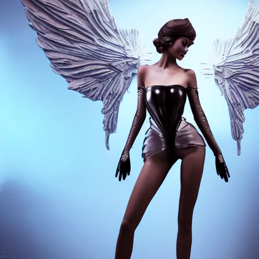 Image similar to fantasy angel with wings inspired avant - garde art, deco fashion, highly detailed, photorealistic portrait, bright studio setting, studio lighting, crisp quality and light reflections, unreal engine 5 quality render