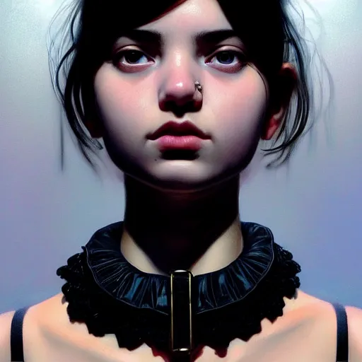 Image similar to a girl wearing collar around neck, looking at the camera, beautiful and aesthetic, close up, bitter, dramatic pose, intricate, highly detailed, detailed face, smooth, sharp focus, specular light, occlusion shadow, rim light, artgerm, artstation, art by greg rutkowski and ilya kuvshinov and salvador dali, fantasy illustration