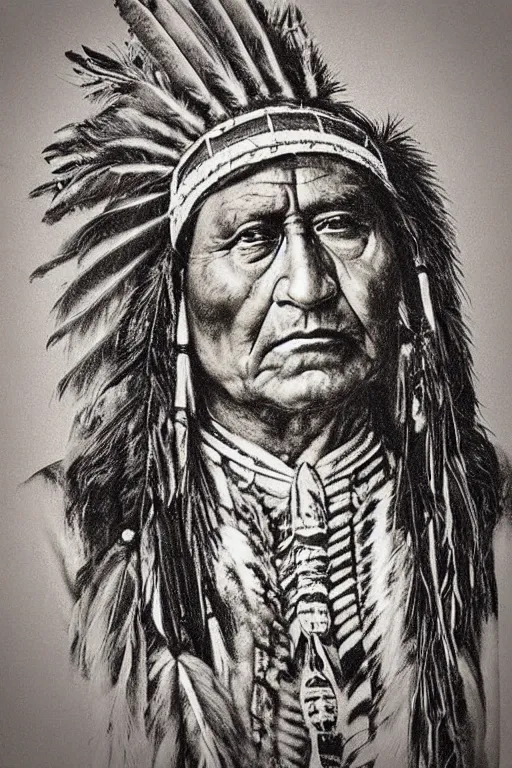 Image similar to “Native American indian, chief sitting bull, portrait, wearing headdress with feathers, pain and sadness on his face, drawn with charcoal pencil, ancient”