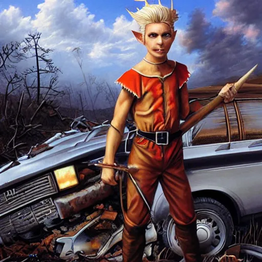 Prompt: an elf with spiky blonde hair wearing dark brown overalls and holding dynamite standing next to a destroyed car, painting by Mark Brooks